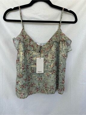NWT Mango Sheen Metallic Floral Ruffle Cami Top Sage Green Size XXS